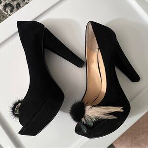 Enzo Angiolini Black Heels with Gem and Feather Accents